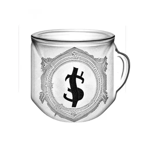 A coffee mug with a balance sheet pattern and dollar signs floating out of it tattoo design idea