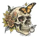 skull and butterflies with a stop watch   tattoo design idea