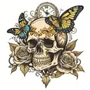 skull and butterflies with a stop watch   tattoo design idea