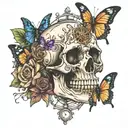 skull and butterflies with a stop watch   tattoo design idea