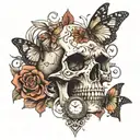 skull and butterflies with a stop watch   tattoo design idea