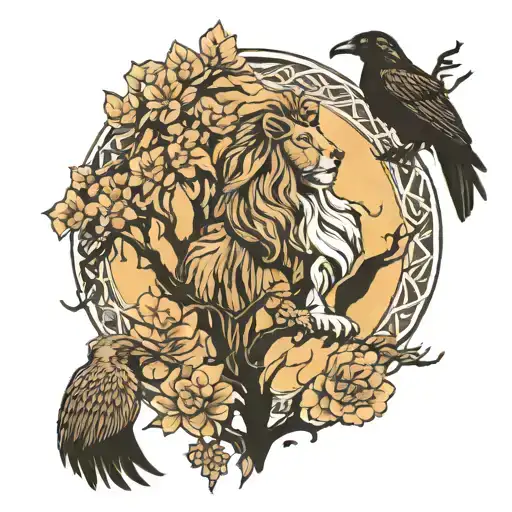 lion camel tree crow  tattoo design idea