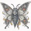 based on the character named La Signora from Genshin Impact? I want it to be moth themed. Flames. mostly red and black tattoo design idea