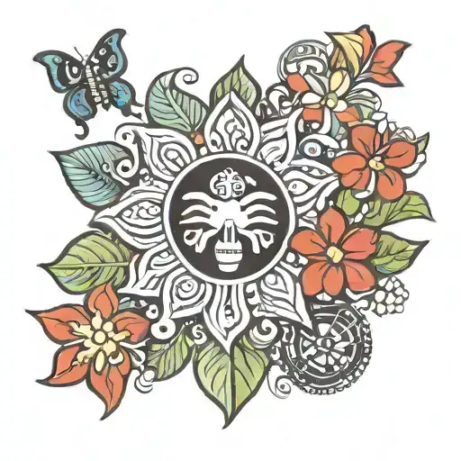 flor de maga with taíno sun symbol, coqui frog, butterfly with Puerto Rican Flag tattoo design idea