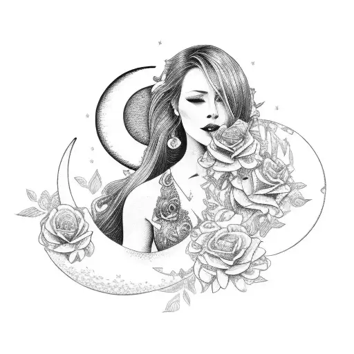 a woman sitting criss cross in a bed of roses facing a large sun and crescent moon tattoo design idea