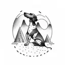 A dog playing a guitar on a mountain peak tattoo design idea