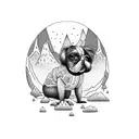 A dog playing a guitar on a mountain peak tattoo design idea