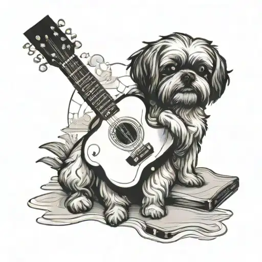 A music-themed tattoo featuring a shih-tzu playing a guitar on the beach in Majorca tattoo design idea