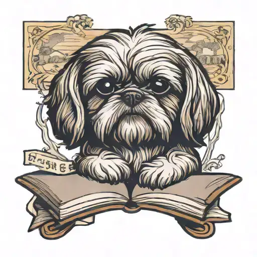 create a tatoo design featuring a shih-tzu reading a book in a Majorcan scenary and an audi tt shape on the background tattoo design idea