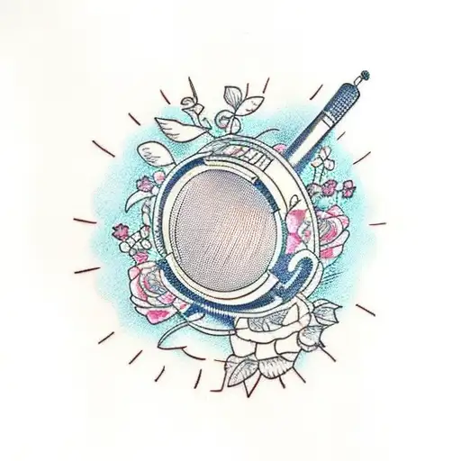 A traditional style tattoo of a beautiful vintage microphone surrounded by intricate floral elements tattoo design idea