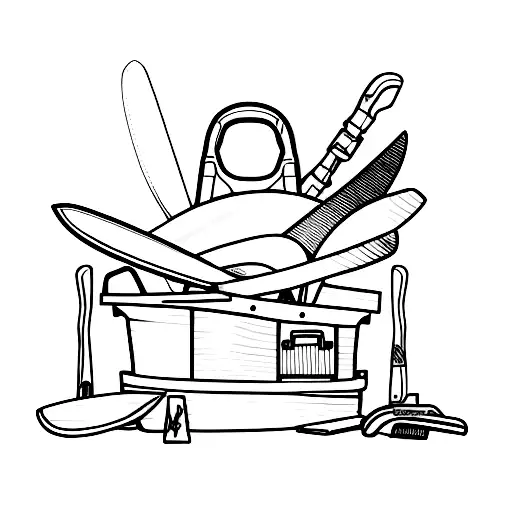 A carpenter's toolbox with surfboards as tools tattoo design idea