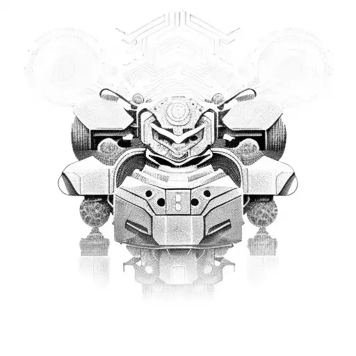 A dotwork design featuring a powerful mech robot inspired by Japanese manga tattoo design idea