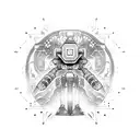 A dotwork design featuring a powerful mech robot inspired by Japanese manga tattoo design idea