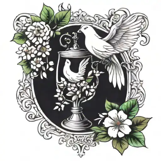 white dove rose lilly of the valley tree date 5/13/68 6/26/24 hour glass tattoo design idea