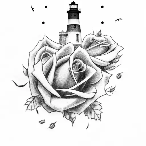A lighthouse surrounded by a bed of roses tattoo design idea