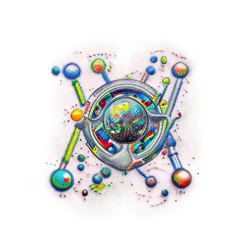 A realistic color tattoo of a broken electric guitar with a chemical reaction happening inside it, depicting atoms and molecules interacting tattoo design idea