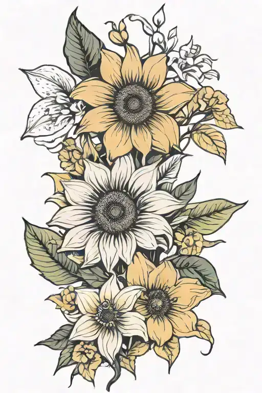 fine line sunflower, orchid, dogwood, peace Lily flower tattoo design idea