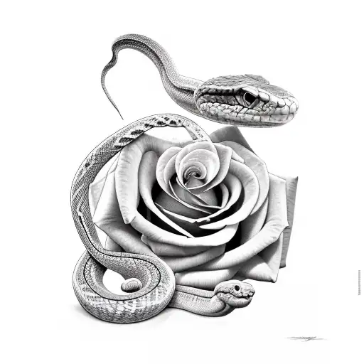 snake shedding skin wrapped around long stem of rose tattoo design idea