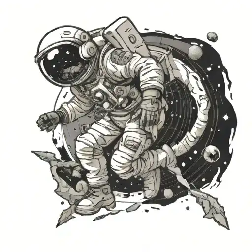 Black and white tattoo, an astronaut emerges from a black hole that is broken into many fragments, birds fly away from the astronaut tattoo design idea