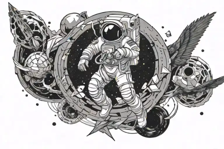 Black and white tattoo, an astronaut emerges from a black hole that is broken into many fragments, birds fly away from the astronaut tattoo design idea