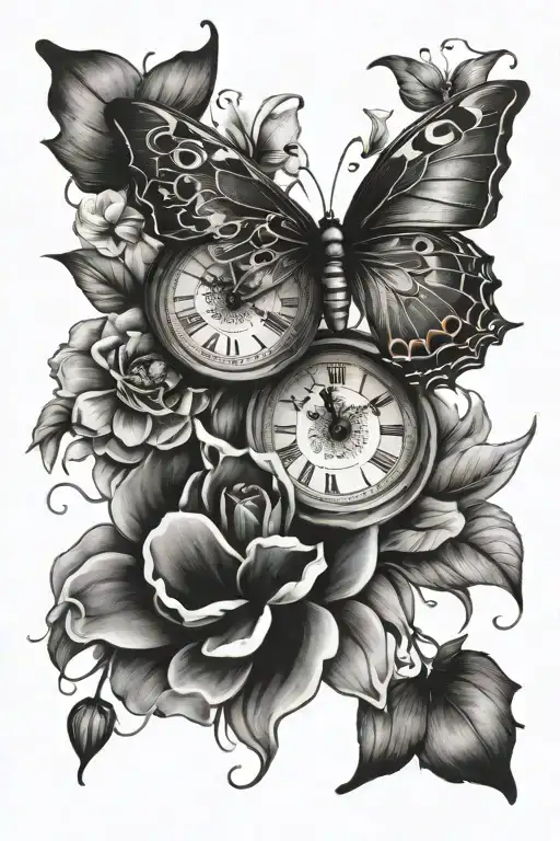 birth double clock butterfly flowers growing tattoo design idea