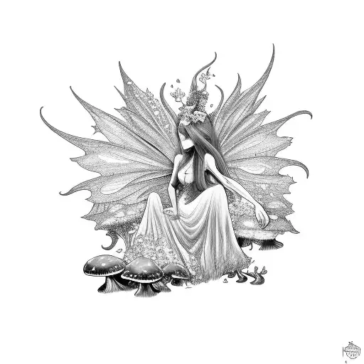 wood fairy with mushrooms tattoo design idea