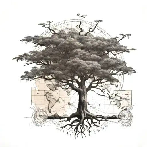 A tattoo design featuring a boab tree with a map of the world as its trunk, symbolizing your love for travel and nature tattoo design idea