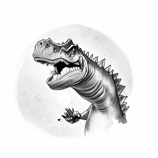 A cute grumpy dinosaur smoking a cigarette tattoo design idea