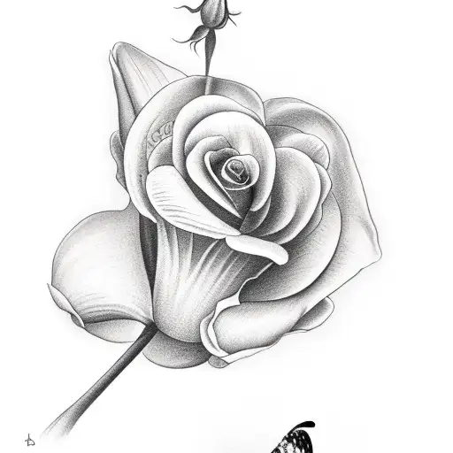 angel holding a rose, tulip, and orchid, with a butterfly resting on the rose tattoo design idea