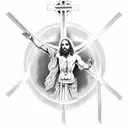 Jesus on a cross with the the following words around him, By His blood and in His name In His freedom I am free tattoo design idea