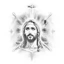 Jesus on a cross with the the following words around him, By His blood and in His name In His freedom I am free tattoo design idea