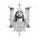 Jesus on a cross with the the following words around him, By His blood and in His name In His freedom I am free tattoo design idea