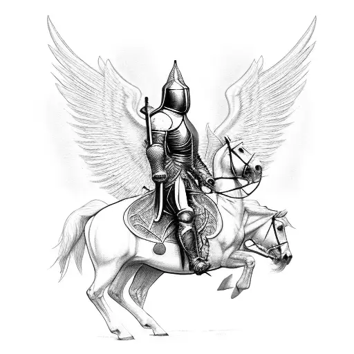 a knight with angel's wings, sword in hand, riding a rearing horse. goth art tattoo design idea