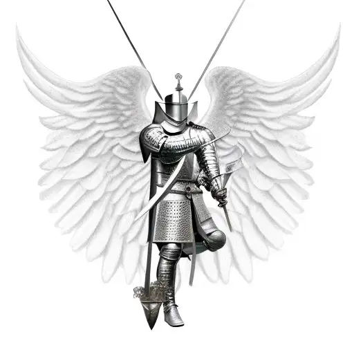 a knight with angel's wings, sword in hand, riding a rearing horse tattoo design idea