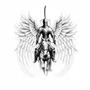a knight with angel's wings, sword in hand, riding a rearing horse. goth art tattoo design idea