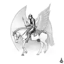 a knight with angel's wings, sword in hand, riding a rearing horse. goth art tattoo design idea