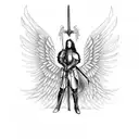 a knight with angel's wings, sword in hand, riding a rearing horse. goth art tattoo design idea