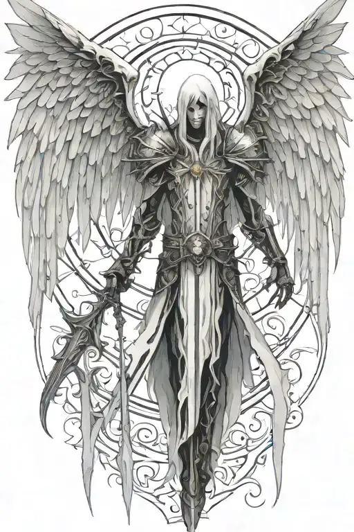 tyrael angel, spear piercing, scattering light  tattoo design idea