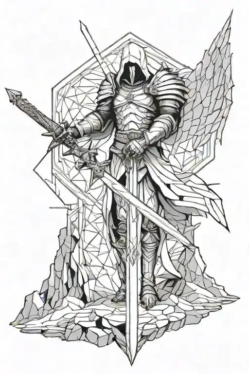 tyrael angel holding a sword, geometric hexagon pattern, mountain top tattoo design idea