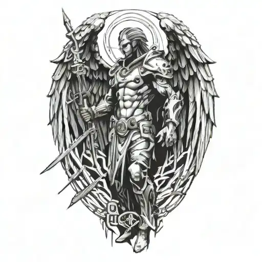 cyberpunk tyreal angel holding spear with wings of light tattoo design idea