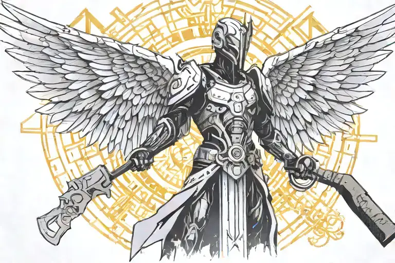 cyberpunk tyreal angel holding sledgehammer with wings of light with   intricate digital geometric bacground tattoo design idea