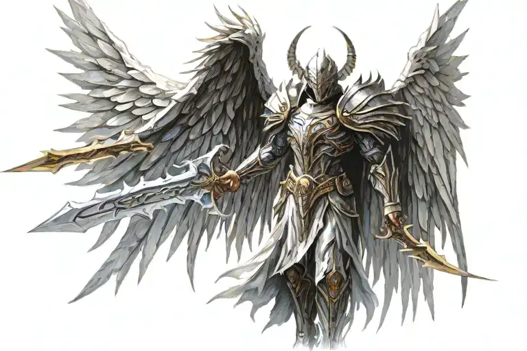 tyrael angel holding a spear, light, long wings, large ethereal wings, mountain top,  tattoo design idea