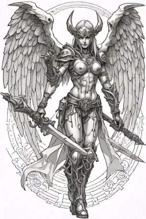 Tyreal angel from  Diablo II, holding spear, cyberpunk, digital background  tattoo design idea