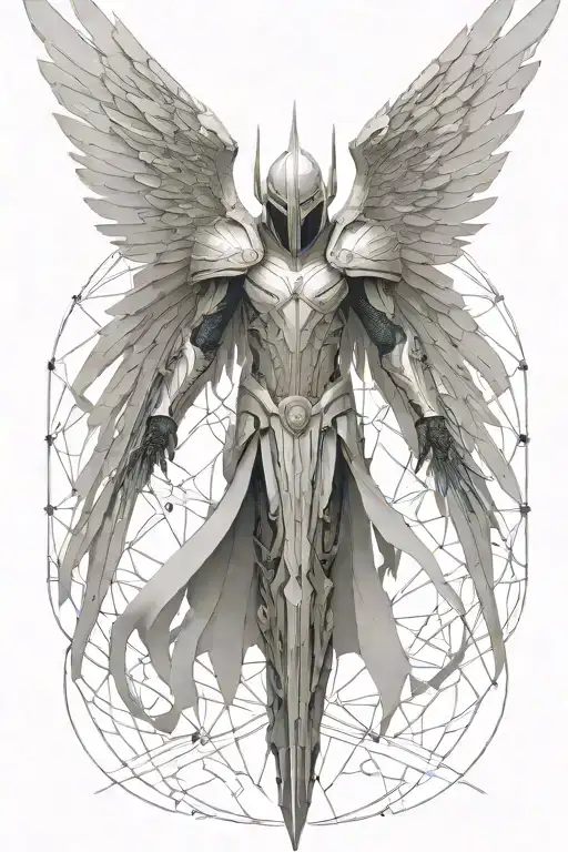 tyrael angel holding a spear, light, long wings, geometric hexagons, large ethereal wings tattoo design idea