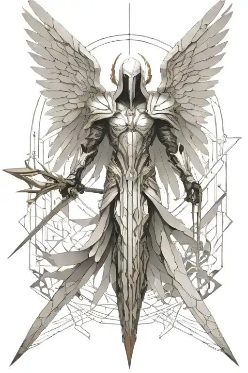 tyrael angel holding a spear, light, long wings, geometric hexagons, large ethereal wings tattoo design idea