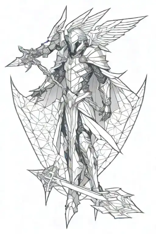 tyrael angel holding a spear, light, long wings, geometric hexagons, large ethereal t tattoo design idea