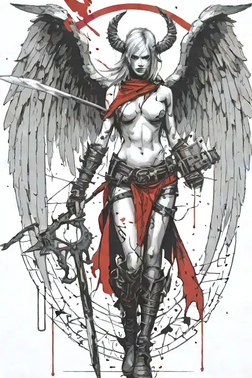 Tyreal angel from  Diablo II, holding spear, cyberpunk  tattoo design idea