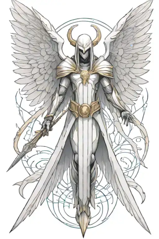 tyrael angel, large ethereal wings spread, spear piercing tattoo design idea