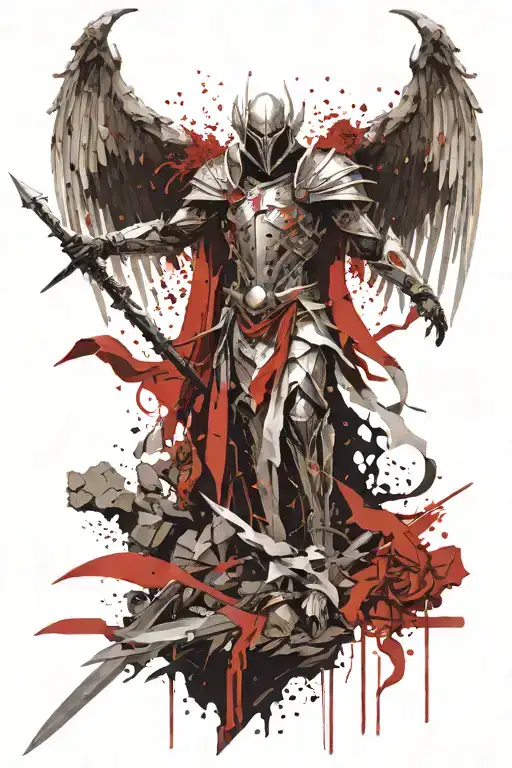 tyrael angel throwing spear, light, long wings, mountain top,  tattoo design idea