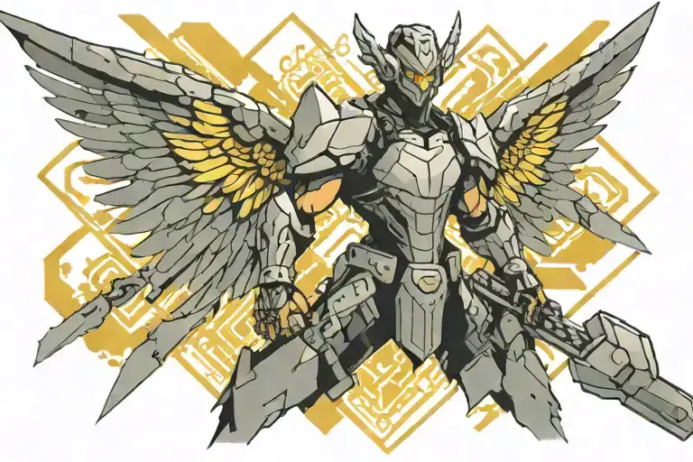 cyberpunk tyreal angel holding sledgehammer with wings of light with digital geometric bacground tattoo design idea